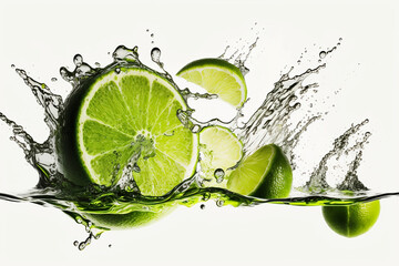 Fresh lime slices splashing deep into water with white background generative AI