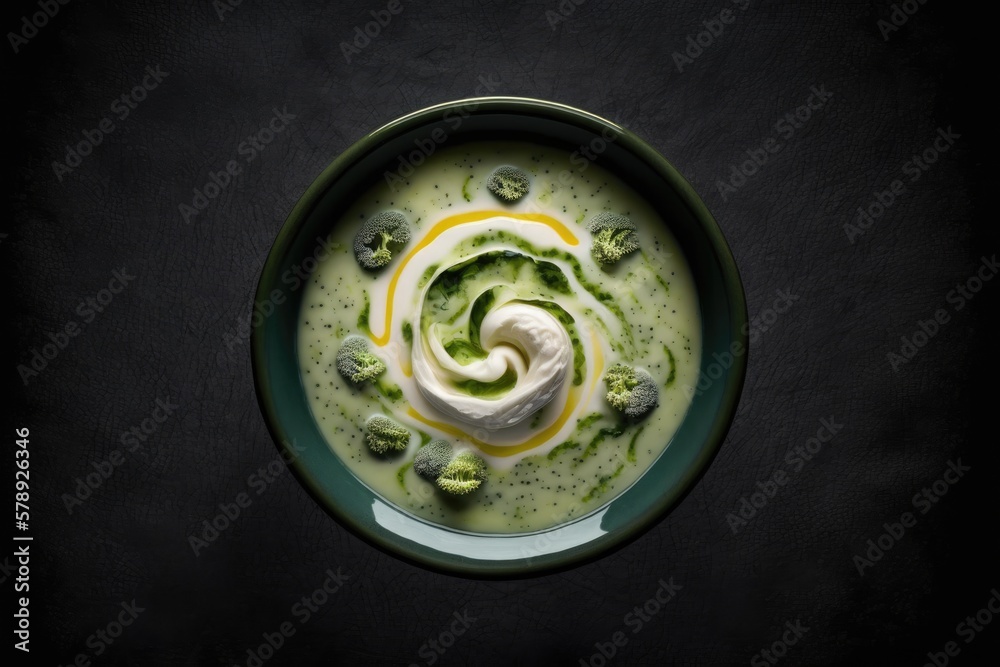 Canvas Prints A top view of broccoli cream soup against a dark background. Generative AI