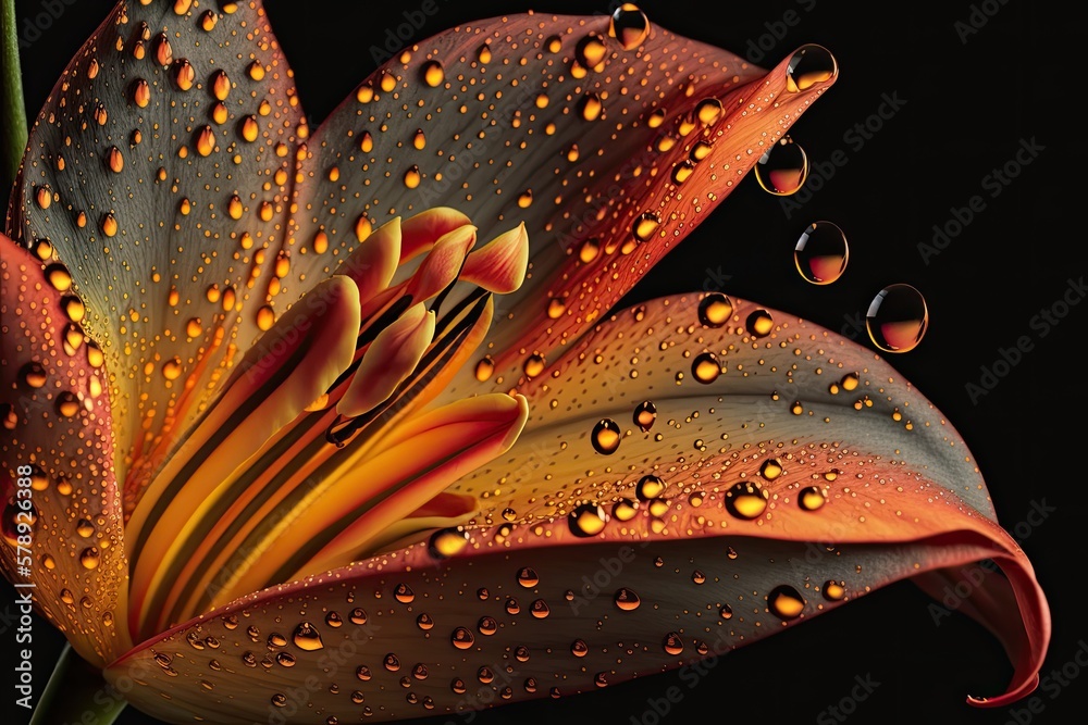 Wall mural the water fire combo that the dew on a lily flower's bright orange and yellow petals has generated h