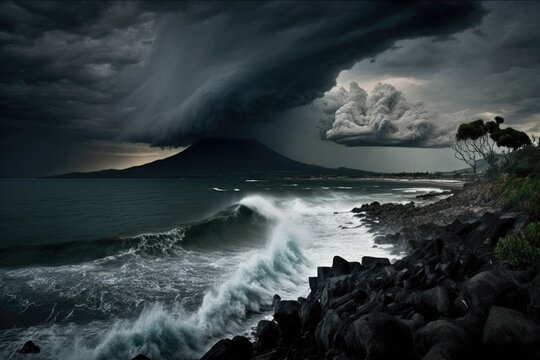 View of a storm off the coast of Bali. Generative AI