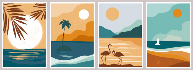 A set of abstract contemporary nature posters. Sea, sand with palm trees, island, silhouettes of flamingos, boat with sail on the background of sun and clouds. Vector graphics. - obrazy, fototapety, plakaty