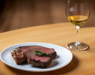 Gourmet grilled beef meat filet or steak on white plate and white wine glass