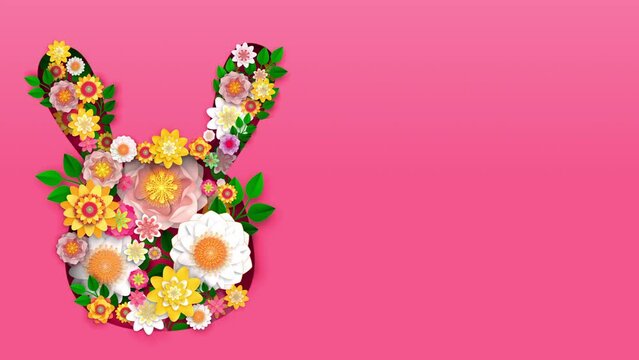 Animation background of a fluffy Easter bunny decorated with colourful flowers and plants with free space for typography. Symbol of the Easter holiday.