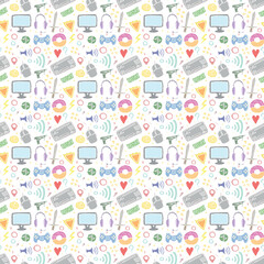 Seamless gaming pattern. Background with gamepad,monitor, keyboard, computer mouse, headphones