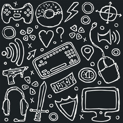 gaming icons. Background with gamepad,monitor, keyboard, computer mouse, headphones