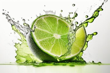 Slice of fresh lime with splash of water isolated on white background. Generative AI