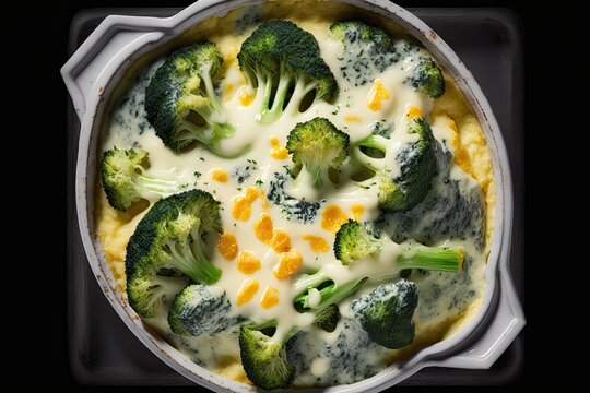 Broccoli casserole. Broccoli topped with cheese and a cream sauce, baked and viewed from above. Generative AI