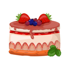 Cheesecake with strawberries, decorated with berries. A piece of dessert cake. Cake on a colorless background.