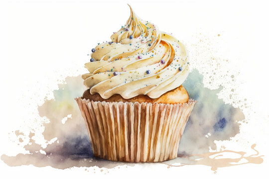 Decorated cake, sweet dessert cupcake watercolor illustration. Generative ai