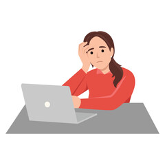 Fototapeta na wymiar Tired office worker.Professional burnout syndrome.Sad, unhappy woman at workplace with paper document piles vector illustration. Deadline concept