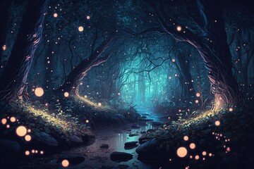 Fantasy forest at night with fireflies and magic lights. Generative AI 