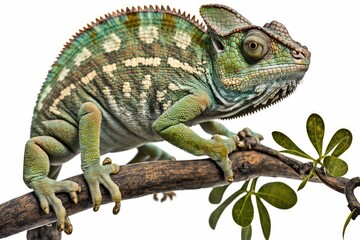 Image of a chameleon, Chamaeleo chameleon, perched on a branch against a white background. Generative AI