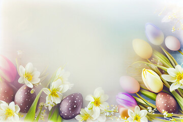 Easter background with copy space. Eggs, flowers, pastel colors illustration top view generative AI, generative, ai