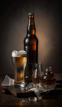 Fresh beer photography, A still life of a beer bottle and a glass on a metal tray with ice cubes Generative AI