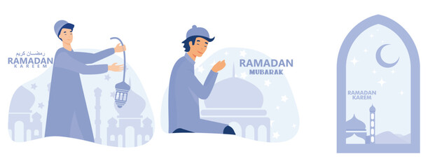 Ramadan greeting card. ramadan kareem with flat design mosque and crescent moon, set flat vector modern illustration