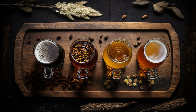 Fresh beer photography, A view from above of a beer flight with four different types of beer in small glasses arranged on a wooden board Generative AI