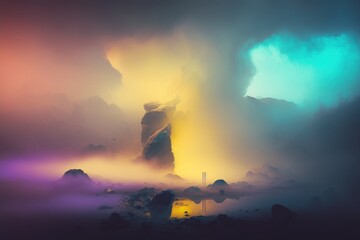 Naklejka na ściany i meble Night city in the fog, gradient multicolored light. The future. Cyberpunk. Generative AI