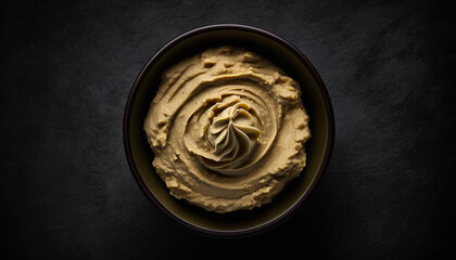 Bowl with humus on a dark background. View from above