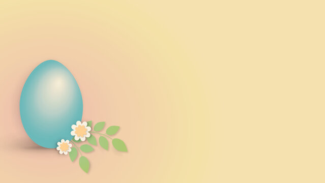 Blue easter egg in yellow pink background, spring floral easter holiday wallpaper