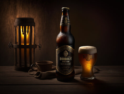 Key visual for beer, photography, A still life of a beer bottle and a beer glass on a wooden table with a dark background Generative AI