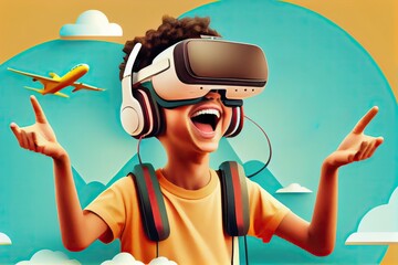 Young kid wearing a virtual reality headset, generative ai