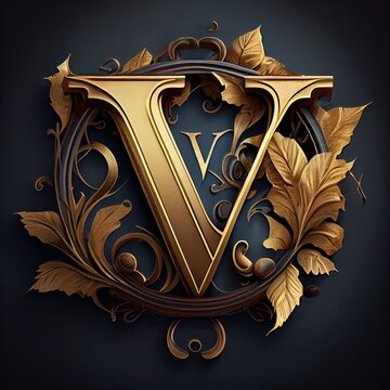 v letter in a golden monogram relief, generative AI