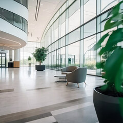 a beautiful office building lobby with sleek modern design and large windows