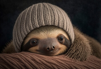 Fototapeta premium Sloth in knitted hat. Generative AI.