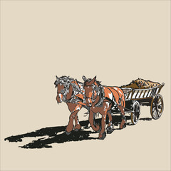 Illustration graphic of 2 horses carrying a cart full of grass.
Suitable design for creative art design, printing picture, logo, t-shirt design, postcard etc