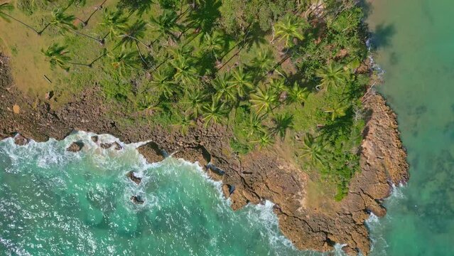 Los Coquitos rocky coast, Nagua in Dominican Republic. Aerial top-down forward directly above