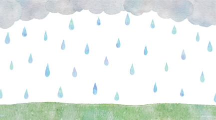 雨と雲と丘の雨の日の水彩画イラスト背景 - obrazy, fototapety, plakaty