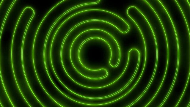 Abstract animated background with rotating flickering neon green colored labyrinth and concentric geometric shapes
