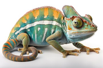 Furcifer pardalis, a chameleon, and a white background. Generative AI