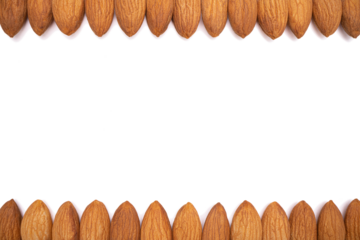 Beautiful arrangement of almonds above and below on the white background. View close to object with copyspace. Middle copy space for text. Horizontal Orientation. Healthy food concept. png