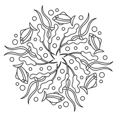 Fototapeta premium Sea mandala Coloring page. Anti stress coloring book for adult and children . Monochrome Vector illustration.