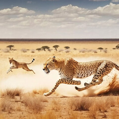 A cheetah in pursuit of prey across African savannah. AI - obrazy, fototapety, plakaty