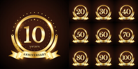 Anniversary number logotype label badge template. Premium anniversary celebration emblem signs design png for company, booklet, leaflet, magazine, brochure, web, invitation or greeting card