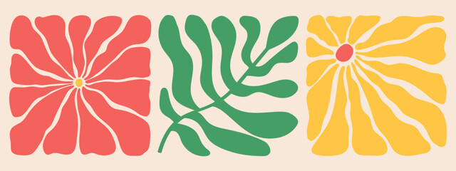 Groovy abstract organic plant shapes art set. Matisse floral posters in trendy retro 60s 70s style.