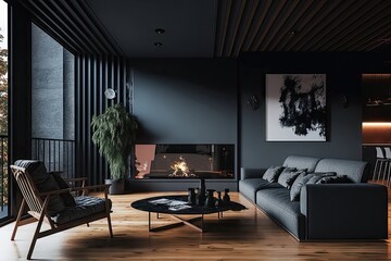 Modern Dark Home Interior Living Room with Fake Fireplace. Generative AI