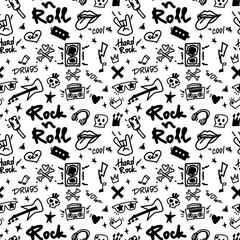 Fototapeta premium Rock n Roll seamless pattern. Black-white print for textiles, backgrounds, printing. Grunge style, hand lettered, vector illustration.