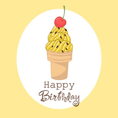 A hand-drawn, windy illustration of fruit ice cream in a waffle cone. Happy BirthDay greeting card.