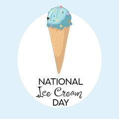 A hand-drawn, windy illustration of fruit ice cream in a waffle cone. Happy National Ice Cream Day card.