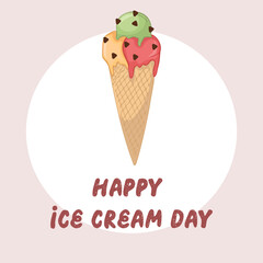 A hand-drawn, windy illustration of fruit ice cream in a waffle cone. Happy National Ice Cream Day card.