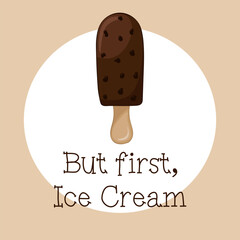 Happy National Ice Cream Day card. Hand-drawn vector illustration of chocolate ice cream on a stick.
