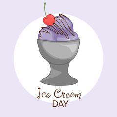 A hand-drawn vector illustration of ice cream in a cup and a cherry on top. Happy National Ice Cream Day card.