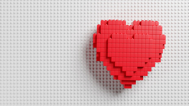 Shape of heart brick kid toy  like blocks. Top view. 3D rendering