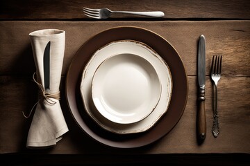 Place setting for one with an empty plate and a clean linen napkin on a brown wooden table Front and center copy space picture. Generative AI