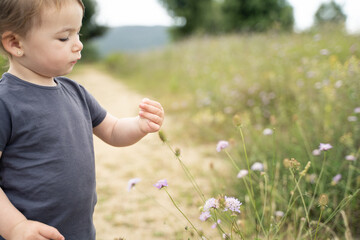 Curious little girl standing on a field with flowers