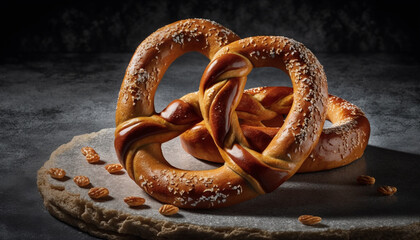 Closeup fresh pretzel on stone table - obrazy, fototapety, plakaty