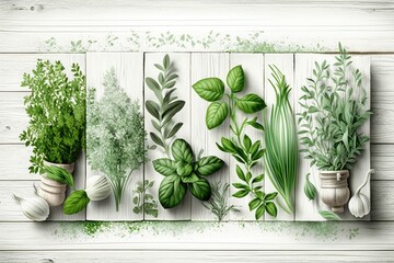 White wood panels with a border of fresh herbs. Generative AI
